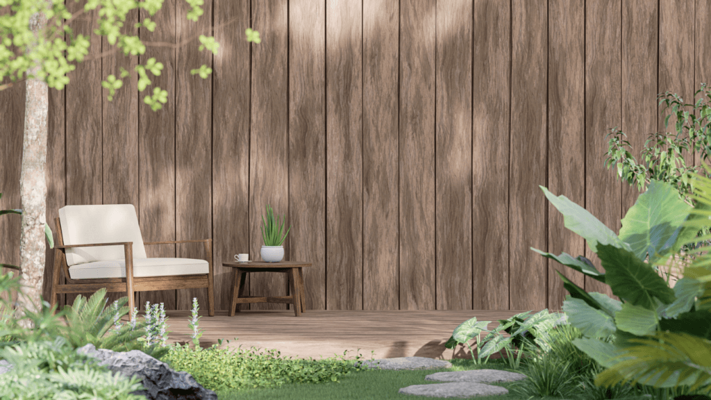 Terrasse et clôture en bois dans jardin